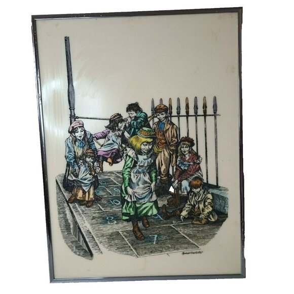 Vintage Ronald Embleton Hopscotch Custom Framed Lithograph Art Print 16